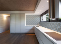 Architecture, modern apartment, white domestic kitchen