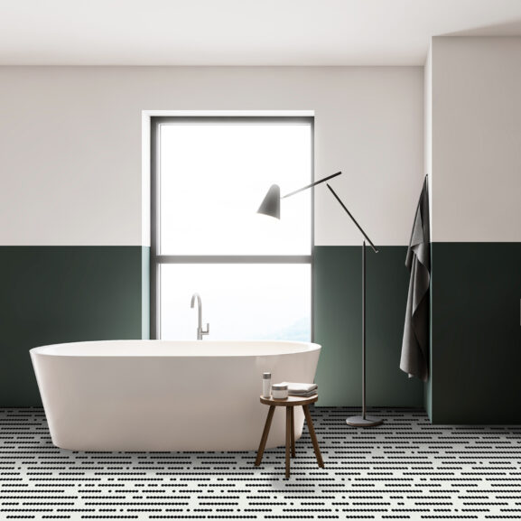 mozaika łazienkowa na podłodze - trufle mozaiki - czerń i biel