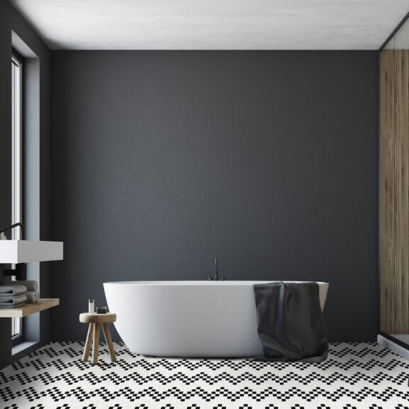 mozaika łazienkowa na podłodze - trufle mozaiki - czerń i biel